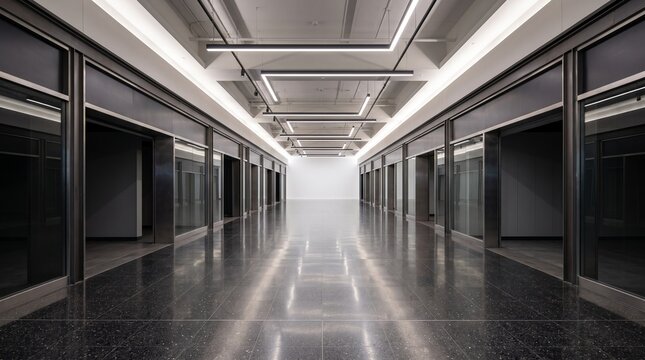 Modern empty retail corridor with reflective floor and ceiling lights