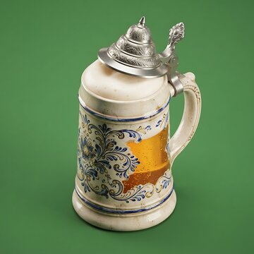 Traditional German Beer Stein with Frothy Golden Lager on Green Background