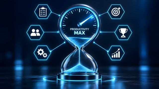 3D Glowing Hourglass Speedometer Concept Representing Maximum Business Productivity and Time Management