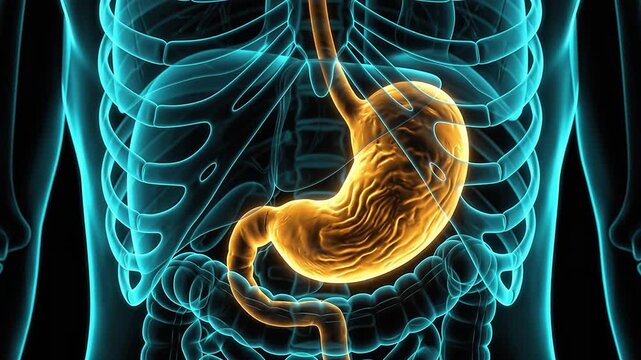 3D medical animation of the human digestive system with the stomach highlighted in orange inside a glowing blue skeletal torso