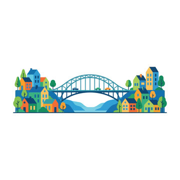 Flat vector city landscape with colorful houses and arched bridge over a river
