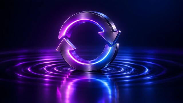 Metallic Synchronization Arrow Symbol with Glowing Purple and Blue Neon Edges Creating Ripples on Dark Water Surface