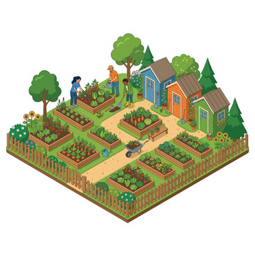 Isometric Community Garden with People Planting Vegetables in Raised Beds