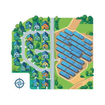 Isometric Sustainable Residential Area with Solar Panel Farm