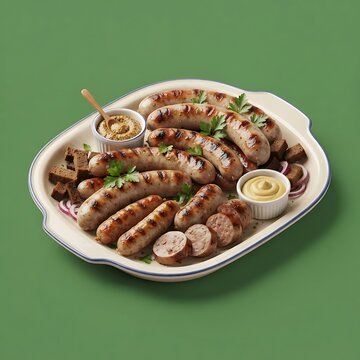 Grilled Sausage Platter with Mustard and Bread on a Green Background Viewpoint
