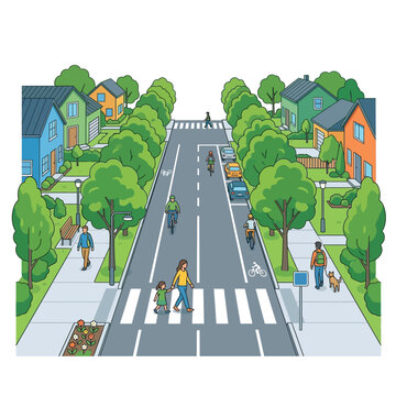 Flat Style Illustration of a Sustainable Suburban Neighborhood with People and Green Spaces