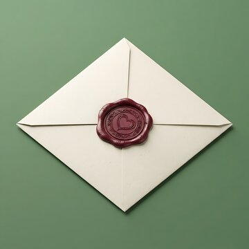 Wedding Envelope with Red Heart Wax Seal on Green Background Flat Lay Photo