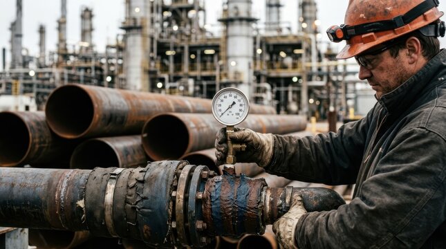 Worker checking a pressure gauge beside an insulated pipeline joint, corrosion coating, stacked pipe sections, and refinery towers
