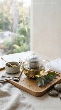 A Relaxing Winter Wellness Tea Ritual Setting with Herbal Infusion and Eucalyptus