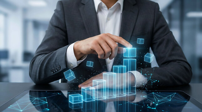 Businessman interacting with futuristic holographic growth chart and digital analytics interface