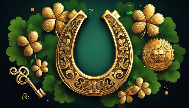 beautiful good luck decorative banner featuring traditional luck symbols like a golden horseshoe shamrock and keys