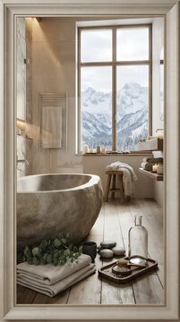 Serene Winter Wellness Bathroom Retreat with Stone Bathtub View Poster