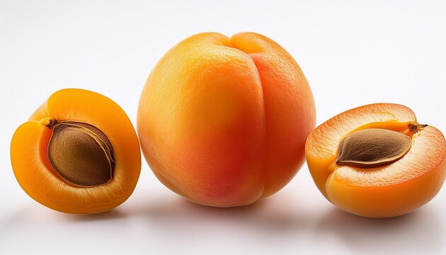 fresh apricots whole and halved orange fruit isolated with white background