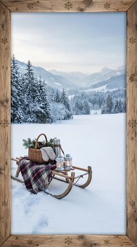 A cozy winter picnic on a wooden sled in a serene snowy mountain forest landscape