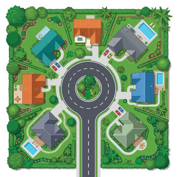 Aerial View Vector Illustration of a Suburban Cul-de-sac Residential Neighborhood