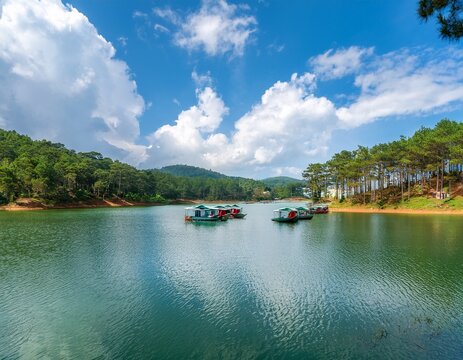 landscape with tourist boats on lake tuyen lam in the mountains among the forest in the mountains in nature in summer in dalat in vietnam