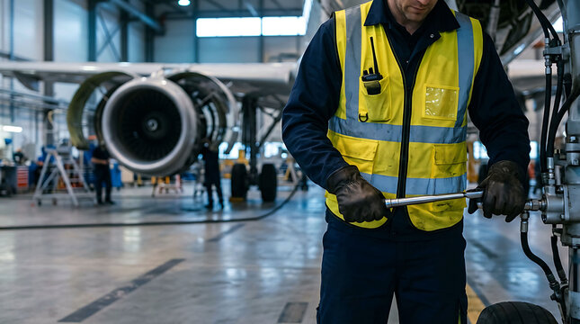 Aircraft mechanic using a torque wrench in a hangar during airplane maintenance and repair work