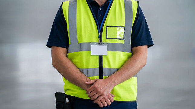 Professional security guard or worker in high visibility safety vest with ID badge standing