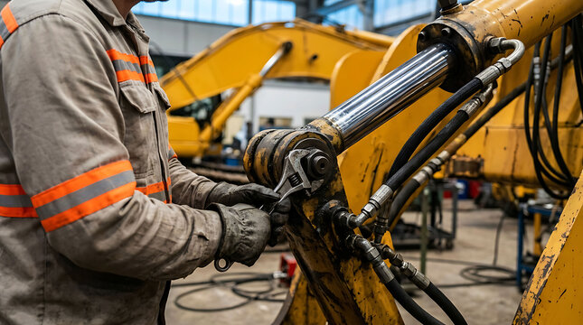A mechanic wearing workwear and gloves uses an adjustable wrench to repair heavy machinery in a workshop.