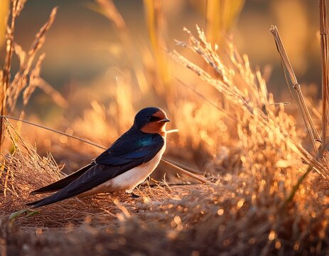 barn swallow in golden hour a single barn swallow perched on the ground amidst dry grass and twigs is illuminated by the warm ethereal glow of the golden hour