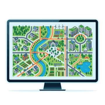 Isometric Sustainable Smart City Planning Map on Digital Computer Monitor