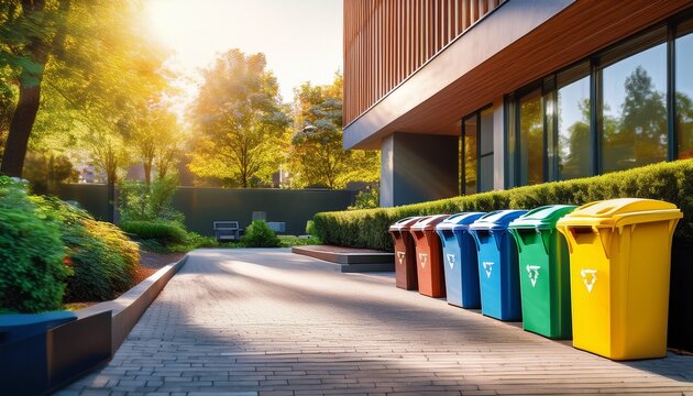 colorful recycling bins in eco friendly urban courtyard recycling concept with modern color coded bins outdoors