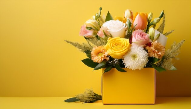 flower bouquet in yellow box on yellow background