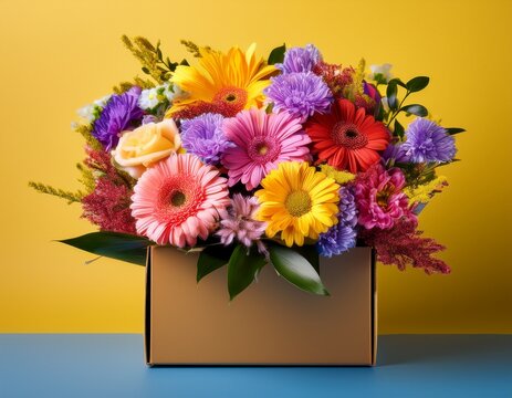 bouquet of colorful flowers in a box on a yellow background
