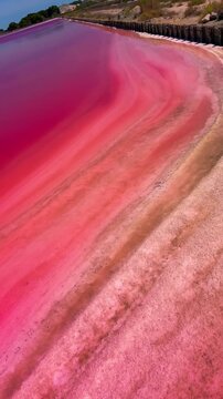 Pink lakes salt marshes, salt mining medieval town of Aigues-Morte, Camargue, France. High quality 4k footage