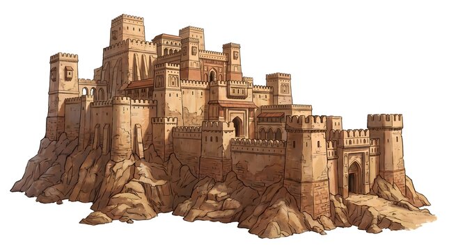 Ancient Middle Eastern Desert Fortress Castle Illustration.