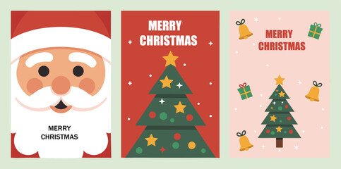 Fototapeta premium Set of three festive merry christmas greeting card designs featuring santa claus and decorated evergreen pine trees