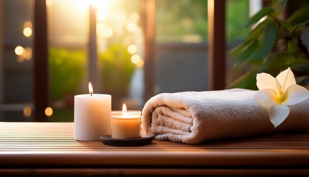 massage table with f towel and candle in a room spa