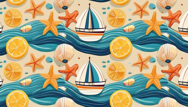 seamless summer pattern with striped beach chair sailboat umbrella seashells starfish lemon slices and ocean waves