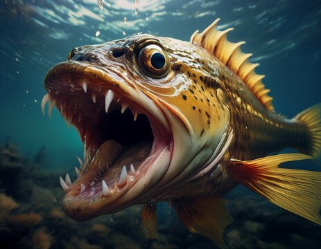 fish mouth open wide a closeup shot of a grotesque looking fish with its mouth wide open and sharp teeth visible the fish has a mottled brown and yellow body with a slimy texture