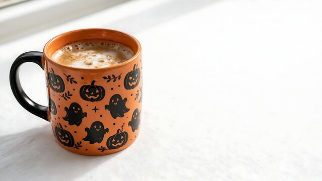 Orange Halloween mug with ghost and pumpkin pattern filled with coffee
