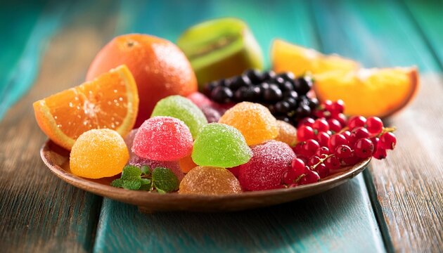assorted colorful fruit jelly candies with sugar served with fresh fruits including oranges currants and green peas on a rustic wooden table bright and playful sweet food concept