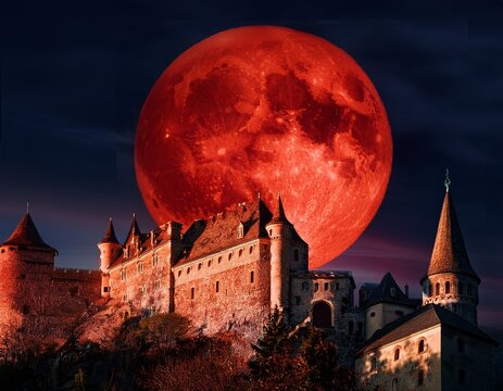 a castle with a large red moon in the background
