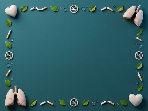 No Smoking concept with lungs hearts leaves and broken cigarettes border
