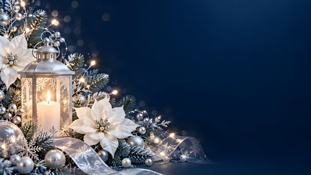白いポインセチアとシルバーランタンが輝く上品なクリスマス背景