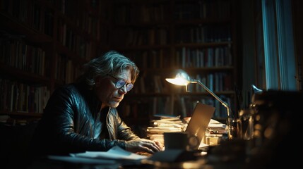 Fototapeta premium Focused middle-aged investigative journalist working late at a cluttered desk filled with papers and books, illuminated by a warm desk lamp in a dimly lit study, showcasing a sense of persistence and