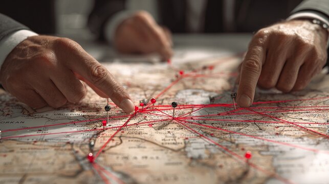 Detailed overhead view of hands pointing at a world map featuring interconnected red lines illustrating routes from Riyadh, showcasing a network and strategic planning in a professional sett