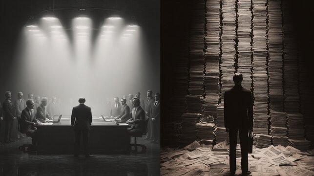 Dramatic split-screen visuals contrasting a powerful public podium surrounded by officials with a solitary figure standing before towering stacks of paperwork, emphasizing authority, decision-making,