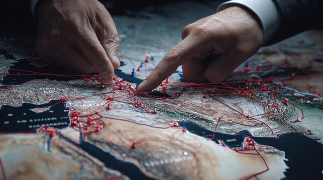 Detailed overhead view of a map with red lines illustrating connections from Riyadh, showcasing geopolitical relationships and transport routes, with expert hands pointing out significant lo