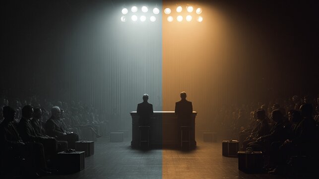 A dramatic split-screen concept depicting two officials seated at a podium under contrasting lighting, surrounded by an attentive audience, conveying a sense of tension and duality in a formal setting