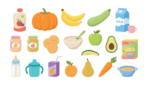 Healthy baby food set with organic purees fruits vegetables milk cookies and porridge vector icons on white background