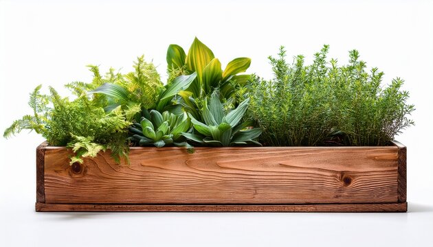 green plants in a rustic wooden planter box isolated on white background cut out