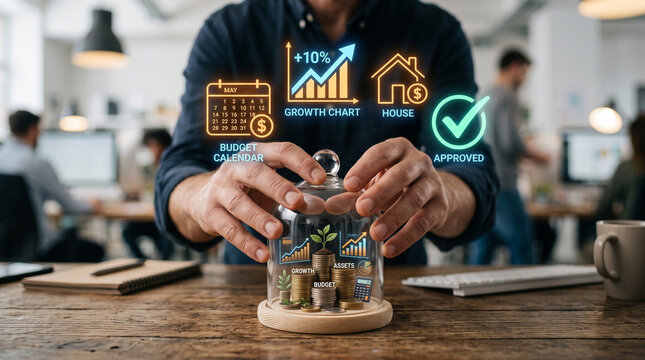 Financial planning and wealth protection concept with hands covering glass dome, coins, and growth plant. Digital icons for budget calendar, house, and investment chart in office setting.
