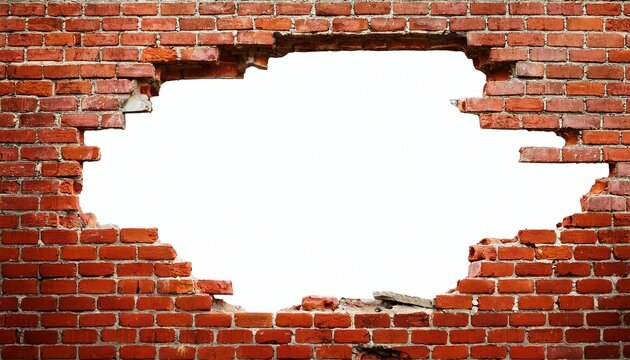 destroyed wall with a red brick hole in the middle isolated on white background vertical frame grunge frame high quality photo