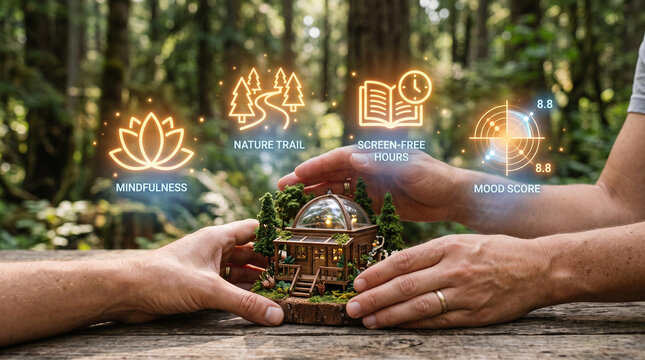 Digital wellness concept with hands holding miniature cabin in forest, featuring AR mindfulness and mood tracking icons for mental health.