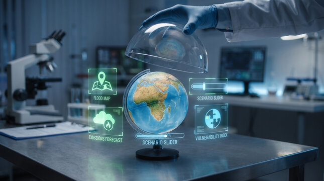 Climate change simulation globe in laboratory with digital overlays for flood maps and emissions forecasts. Scientist hand holding glass dome over earth model for environmental research.